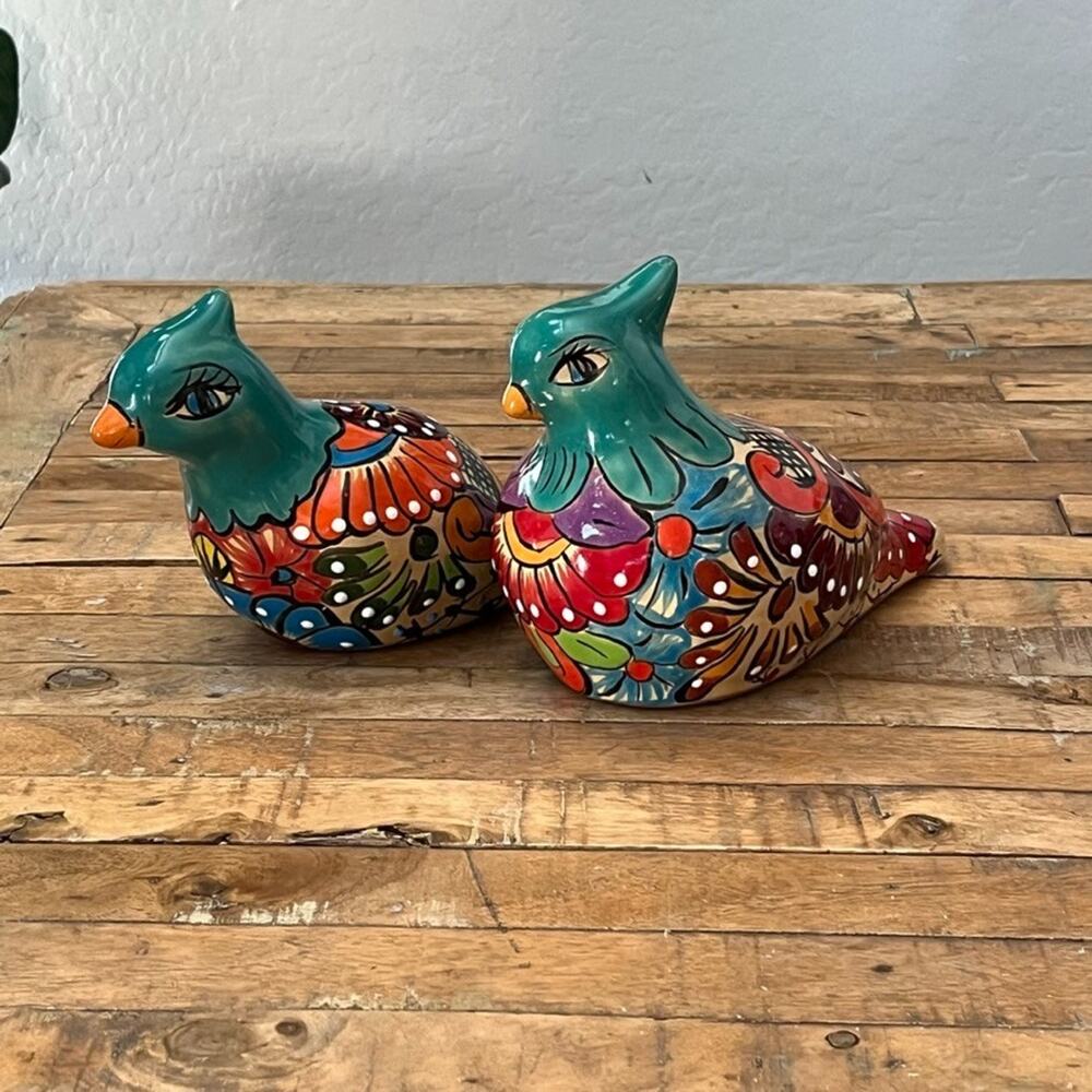 2 Talavera Hand Painted Quails 7 in Terracotta Pottery Teal Pottery Folk Art